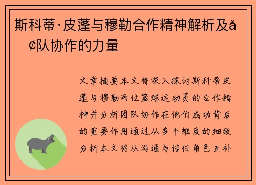 斯科蒂·皮蓬与穆勒合作精神解析及团队协作的力量